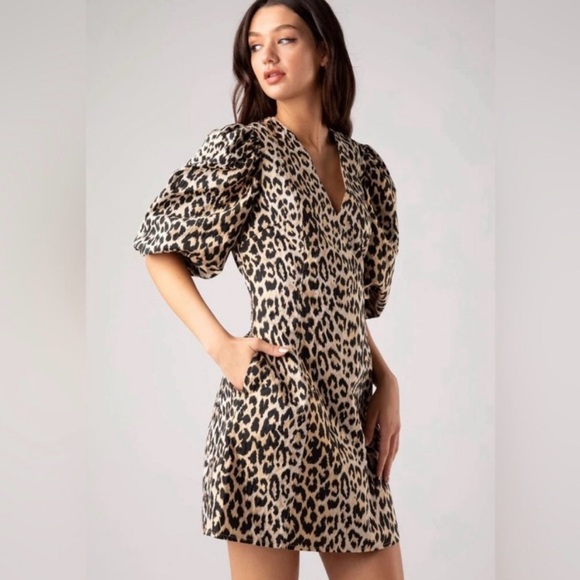 Dance & Marvel Dresses & Skirts - Dance & Marvel Leopard Print V Neck Dress with Puff Sleeves